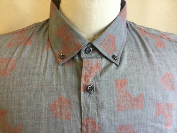 BILLY REID, Heather Gray, Salmon Pink, Cotton, Rayon, Geometric, (DOUBLE)  Collar Attached, Button Down, Button Front, Short Sleeves, Curved Hem