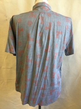 BILLY REID, Heather Gray, Salmon Pink, Cotton, Rayon, Geometric, (DOUBLE)  Collar Attached, Button Down, Button Front, Short Sleeves, Curved Hem