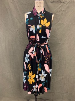 WHO WHAT WEAR, Black, Lt Pink, Powder Blue, Teal Green, Mustard Yellow, Rayon, Floral, Button Front, Collar Attached, 2 Pockets, Self Belt, Hem Below Knee, Gathered Skirt