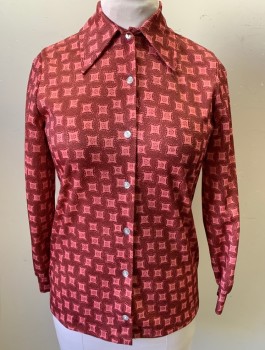 Womens, Shirt, DEVONETTE, Pink, Cranberry Red, Polyester, Geometric, B:38, M, Long Sleeves, Button Front, Elongated Collar Attached,
