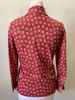 Womens, Shirt, DEVONETTE, Pink, Cranberry Red, Polyester, Geometric, B:38, M, Long Sleeves, Button Front, Elongated Collar Attached,