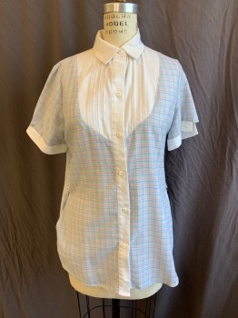 Womens, Nurse, Top/Smock, BARCO, White, Baby Blue, Pink, Raspberry Pink, Teal Blue, Polyester, Cotton, Color Blocking, Plaid-  Windowpane, B:38, Collar Attached, Solid White Yoke Front with Vertical Pleats, Solid White 1" Short Sleeves Cuffs & Button Front Placket, Curved Hem, 2 Pockets Side, No Belt