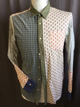 SCOTCH & SODA , Ecru, Olive Green, Lt Pink, Gray, Cotton, Patchwork, Various Patterns of Fabric, L/S, Button Front, C.A., Collar, Placket and Back are Solid Olive, Cuffs are Solid Navy