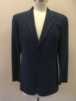 Mens, Sportcoat/Blazer, HUGO BOSS, Navy Blue, Brown, Blue, Wool, Plaid, 42L, Single Breasted, Collar Attached, Notched Lapel, 3 Pockets, 3 Buttons, Wide Shoulders (was Once a 46L But Has Been Taken In)