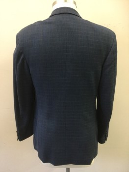 Mens, Sportcoat/Blazer, HUGO BOSS, Navy Blue, Brown, Blue, Wool, Plaid, 42L, Single Breasted, Collar Attached, Notched Lapel, 3 Pockets, 3 Buttons, Wide Shoulders (was Once a 46L But Has Been Taken In)