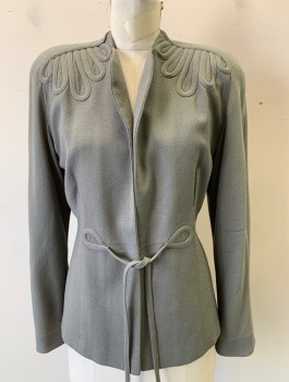 Womens, 1940s Vintage, Suit, Jacket, NATHALIE NICOLI, Gray, Wool, Solid, W:28, B:36, H:38, Crepe, Heavily Padded Shoulders, Open Center Front with Tiny Hook & Eye at Waist with Self Ties, Looped Self Appliques at Shoulders, Copper Satin Lining, **Has Some Faded Marks in Back