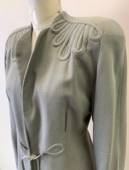 Womens, 1940s Vintage, Suit, Jacket, NATHALIE NICOLI, Gray, Wool, Solid, W:28, B:36, H:38, Crepe, Heavily Padded Shoulders, Open Center Front with Tiny Hook & Eye at Waist with Self Ties, Looped Self Appliques at Shoulders, Copper Satin Lining, **Has Some Faded Marks in Back
