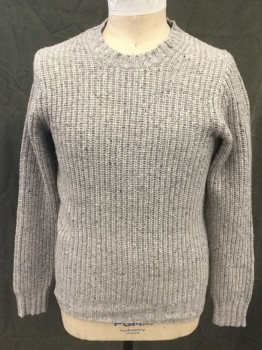Mens, Pullover Sweater, SROFT & FOX, Lt Gray, Wool, Heathered, L, Ribbed Knit, Crew Neck, Wider Ribbed Knit Neck/Waistband/Cuff