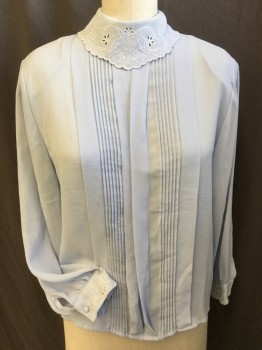 N/L, Baby Blue, Polyester, Solid, Crepe, Pullover, C.A., Pleated CF, 4 Matching Covered Btns CB Closure, L/S, Floral Eyelet Embroidery On Collar & Cuffs, Shoulder Pads