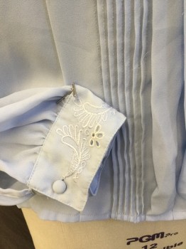 N/L, Baby Blue, Polyester, Solid, Crepe, Pullover, C.A., Pleated CF, 4 Matching Covered Btns CB Closure, L/S, Floral Eyelet Embroidery On Collar & Cuffs, Shoulder Pads