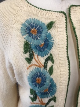 N/L, Cream, Blue, Lt Blue, Green, Brown, Wool, Solid Cream with Blue/Lt/Blue/Green Floral Embroidery, Open Front Cardigan, Raglan Long Sleeves, Green Trim, Ribbed Knit Neck/Placket/Cuff/Waistband