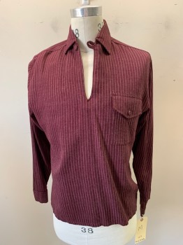 THIRD AVENUE, Red Burgundy, White, Wool, Stripes - Vertical , Long Sleeves, Split V-neck, Collar Attached, 1 Button at Collar, Pullover, 1 Pocket,
