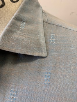 N/L, Slate Blue, Cotton, Geometric, Self Pattern with Rectangle Clusters of Small Diamonds, Long Sleeves, Button Front, Collar Attached, 1 Patch Pocket, 1950's