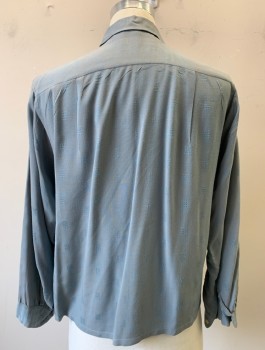 N/L, Slate Blue, Cotton, Geometric, Self Pattern with Rectangle Clusters of Small Diamonds, Long Sleeves, Button Front, Collar Attached, 1 Patch Pocket, 1950's