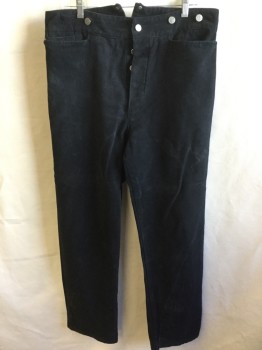 Mens, Historical Fiction Pants, FOX 488/WAH MAKER , Black, Cotton, Elastane, Solid, 36/31, Aged/distressed, 2" Front & 3" Back Waistband with 6 "WAH MAKER YUMA, ARIZ" Silver Button, 4 Pockets, Short Belt with Silver Buckle Back, (1 MISSING Silver Button on Waist)