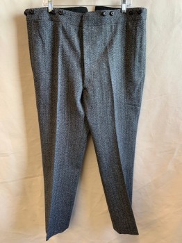 Mens, 1920s Vintage, Suit, Pants, MTO, Black, White, Red, Wool, Heathered, Tweed, I30, W38, Button Front, Suspender Buttons, Adjustable Tab Back Waistband, 3 Pockets,