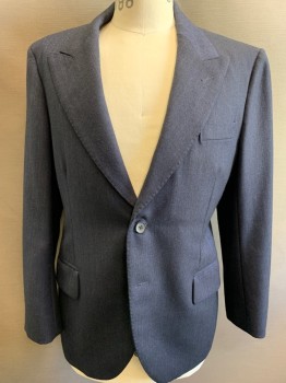 Mens, 1930s Vintage, Suit, Jacket, COSPROP, Navy Blue, Dusty Blue, Wool, Herringbone, W36, C38S, I30, Single Breasted, Peaked Lapel, 3 Pockets, Bespoke 2 Buttons,