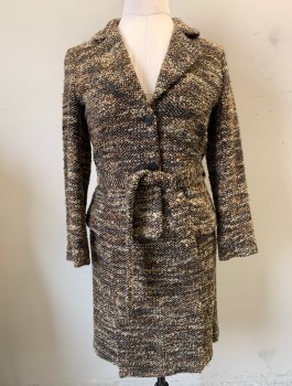 Womens, Suit, Jacket, ZARA, Brown, Lt Brown, Beige, Acrylic, Wool, Speckled, L, Bumpy Boucle Texture Fabric, Single Breasted, 2 Buttons, Notched Lapel, Fitted, Dark Brown Lining, **With Matching Fabric Belt
