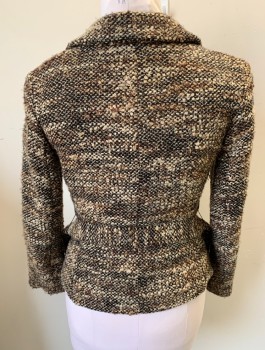 Womens, Suit, Jacket, ZARA, Brown, Lt Brown, Beige, Acrylic, Wool, Speckled, L, Bumpy Boucle Texture Fabric, Single Breasted, 2 Buttons, Notched Lapel, Fitted, Dark Brown Lining, **With Matching Fabric Belt