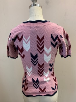 Womens, Pullover, MADISON & BERKELEY, Dusty Pink, Navy Blue, Maroon Red, White, Polyester, Rayon, Herringbone, B30, XS, W26, Navy Scallop Edge, Short Sleeves, Round Neck,