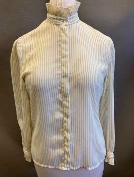 Womens, Blouse, WW & CO, Cream, Lt Brown, Polyester, Stripes - Pin, B:38, Chiffon, Long Puffy Sleeves, Button Front, Stand Collar with Pleated Ruffle, Pleated Ruffle at Cuff,