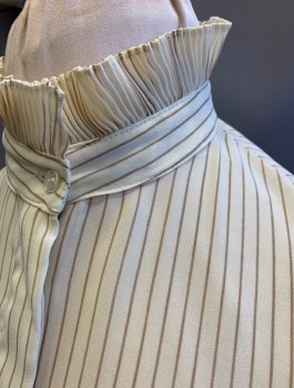 Womens, Blouse, WW & CO, Cream, Lt Brown, Polyester, Stripes - Pin, B:38, Chiffon, Long Puffy Sleeves, Button Front, Stand Collar with Pleated Ruffle, Pleated Ruffle at Cuff,