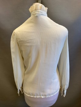 WW & CO, Cream, Lt Brown, Polyester, Stripes - Pin, Chiffon, Long Puffy Sleeves, Button Front, Stand Collar with Pleated Ruffle, Pleated Ruffle at Cuff,