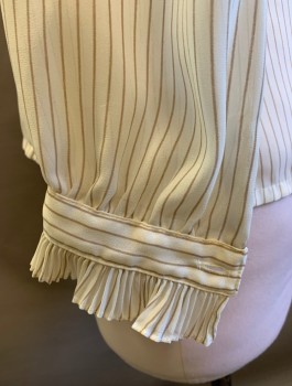 WW & CO, Cream, Lt Brown, Polyester, Stripes - Pin, Chiffon, Long Puffy Sleeves, Button Front, Stand Collar with Pleated Ruffle, Pleated Ruffle at Cuff,