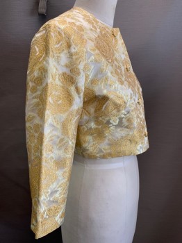NO LABEL, Gold, Pearl White, Polyester, Floral, Jacket, L/S, Button Front, Crew Neck