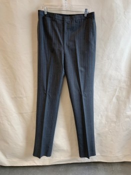 DACRON & WORSTED, Dk Gray, Blue, White, Wool, Stripes - Pin, Side Pockets, Zip Front, Flat Front, 3 Welt Pockets at Back