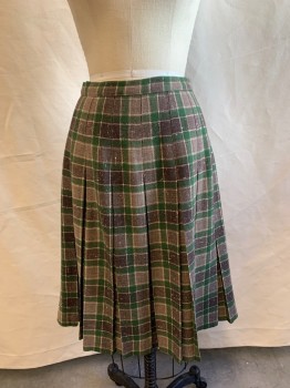 Womens, Skirt, N/L, Green, Dk Brown, Taupe, Red, Lt Blue, Wool, Plaid, W25, Pleated, Zip Back, Button Closure