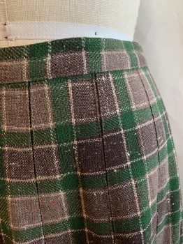 Womens, Skirt, N/L, Green, Dk Brown, Taupe, Red, Lt Blue, Wool, Plaid, W25, Pleated, Zip Back, Button Closure