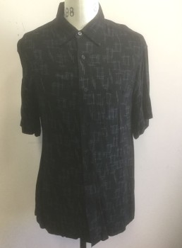HAGGAR, Black, Slate Blue, Gray, Rayon, Geometric, Black with Midcentury Inspired Gray Geometric Pattern, Short Sleeve Button Front, Collar Attached, 1 Patch Pocket, Retro 50's/60's Look
