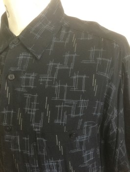 HAGGAR, Black, Slate Blue, Gray, Rayon, Geometric, Black with Midcentury Inspired Gray Geometric Pattern, Short Sleeve Button Front, Collar Attached, 1 Patch Pocket, Retro 50's/60's Look