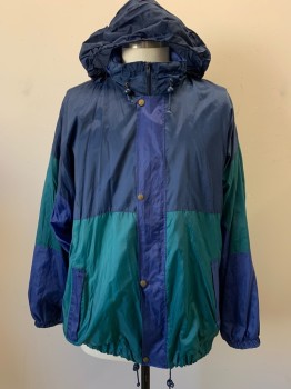 Mens, Windbreaker, N/L, Navy Blue, Dk Green, Synthetic, Cotton, Color Blocking, 58, Removable Hood, Snap Front, Elastic Cuffs, 2 Zipper Pockets