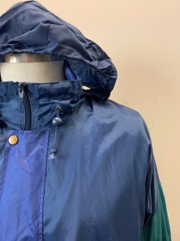 Mens, Windbreaker, N/L, Navy Blue, Dk Green, Synthetic, Cotton, Color Blocking, 58, Removable Hood, Snap Front, Elastic Cuffs, 2 Zipper Pockets