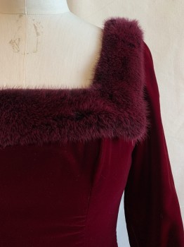 VICTOR COSTA, Maroon Red, Acetate, Fur, Solid, Square Neck, L/S, Zip Back, Fur Trim on Neck and Cuffs *Aged/Distressed*