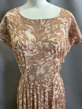CASUAL MAKER , Lt Brown, Beige, Nylon, Mottled, Round Collar, S/S, Knife Pleated  At Waist, Side Zip