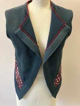 Womens, Sci-Fi/Fantasy Vest, MTO, Green, Red Burgundy, Cotton, Polyester, Textured Fabric, B34, Texture Weave , Open  Vinyl Detail,  Piping Trim Open Front  with Peak Lapels
