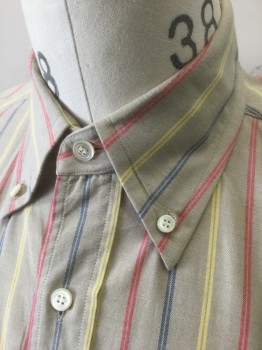 ANTO, Putty/Khaki Gray, Red, Lt Yellow, Navy Blue, Cotton, Stripes - Pin, Putty with Red/Light Yellow/Navy Double Pinstripes, Long Sleeve Button Front, Collar Attached, Button Down Collar, 1 Patch Pocket, Made To Order