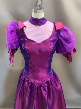 Womens, Evening Gown, NL, Iridescent Purple, Purple, Synthetic, W:28, B:36, Illusion Neckline, Mesh With Glitter Specs, Mock Neck, Puffy Sleeves, Bows On Shoulders & Cuffs, Raspberry Piping, Zip Back, Large Bow At Back, A-Line