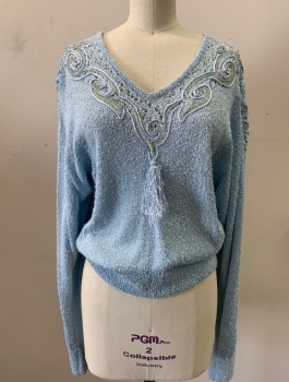 Womens, Sweater, JO ANN BRYANT, Ice Blue, Silk, Sequins, Solid, B32, Pull On, L/S, V-N, Ribbon and Sequin Swirly Appliqué Bordering Neck, Tassels CF and Sleeves