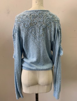 JO ANN BRYANT, Ice Blue, Silk, Sequins, Solid, Pull On, L/S, V-N, Ribbon and Sequin Swirly Appliqué Bordering Neck, Tassels CF and Sleeves