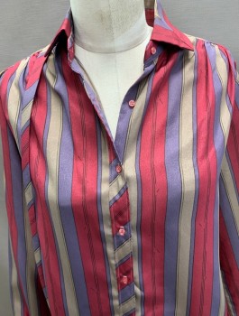 N/L, Maroon Red, Tan Brown, Dk Purple, Polyester, Stripes, L/S Attached String Self Fabric Tie @ Neck