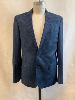 BROOKS BROTHERS, Navy Blue, White, Wool, Stripes - Pin, Notched Lapel, Single Breasted, Button Front, 2 Buttons, 3 Pockets
