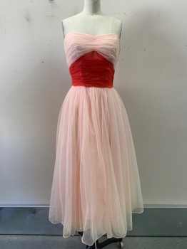 Womens, Evening Gown, NO LABEL, Pink, Red, Polyester, Nylon, Solid, W22, B36, Strapless, Semi Sweetheart Neckline, Red Waist Band, Pleated Tulle, Side Zipper