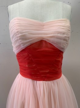 Womens, Evening Gown, NO LABEL, Pink, Red, Polyester, Nylon, Solid, W22, B36, Strapless, Semi Sweetheart Neckline, Red Waist Band, Pleated Tulle, Side Zipper