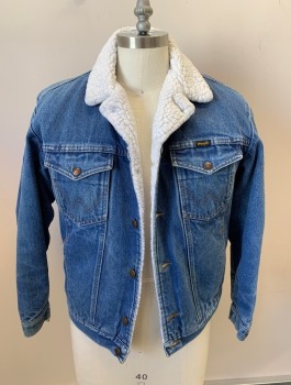 Mens, Jean Jacket, WRANGLER, Denim Blue, White, Cotton, Color Blocking, 42, L/S, B.F., Faux Fur Collar And Lining, Chest Pockets With Button Flaps, "W" Top Stitch