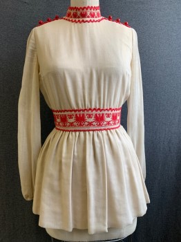 Womens, Blouse, Lanz, Beige, Red, Polyester, Solid, W26, B34, L/S, Stand Collar, Red Embroiderred Detail on Waist Band and Collar, Buttons on Shoulder, Back Zipper,, Pleated