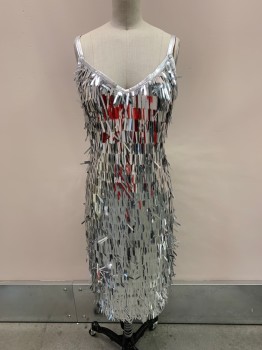 MTO, Silver, Polyester, Elastane, V-N, Silver Long Sequins All Over, Thin Straps, Built In Bra